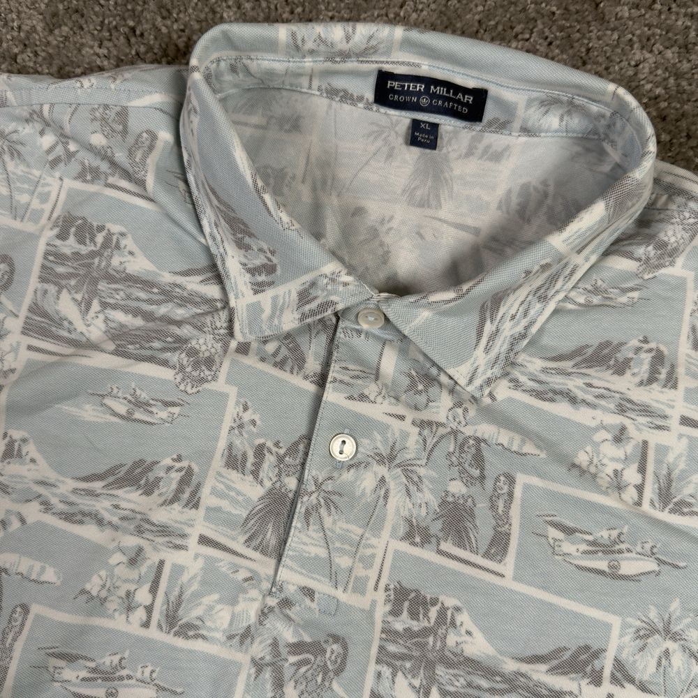 Peter Millar Crown Crafted Polo Men's XL Blue All Over Print‎ Luau Hawaiian AOP